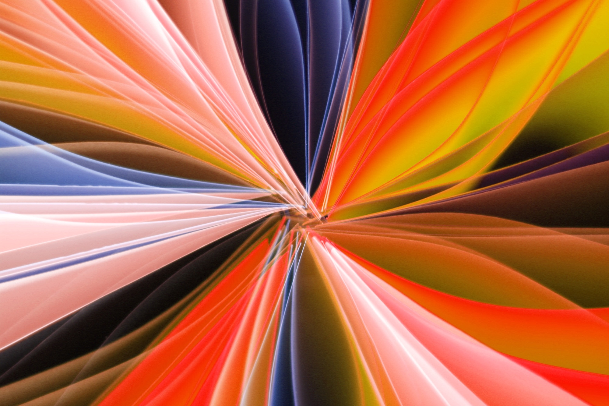 Abstract orange, pink and blue light trails converging toward the center.