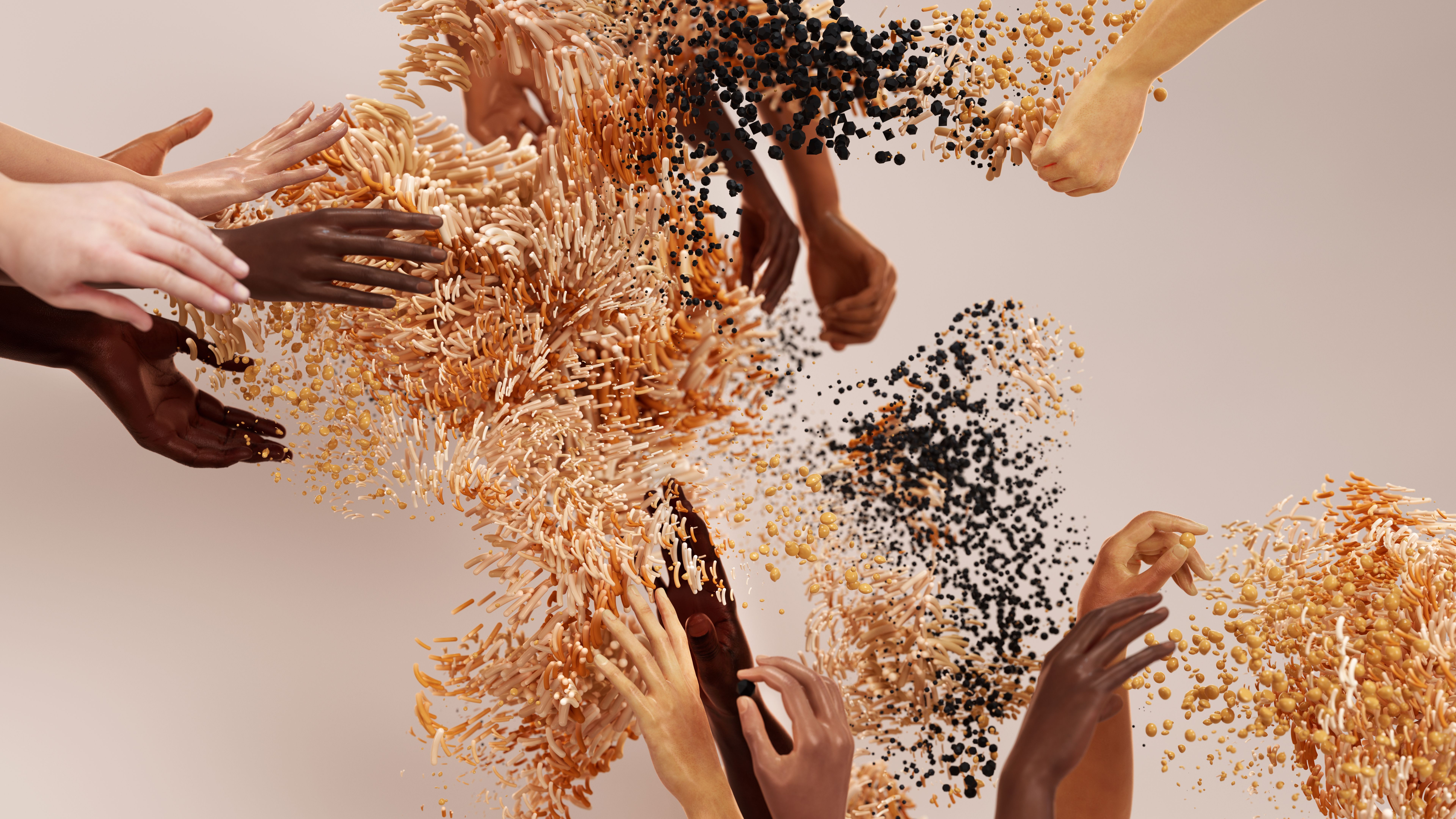 Hands interacting with flowing golden and black particles, symbolizing collaboration between people and AI agents