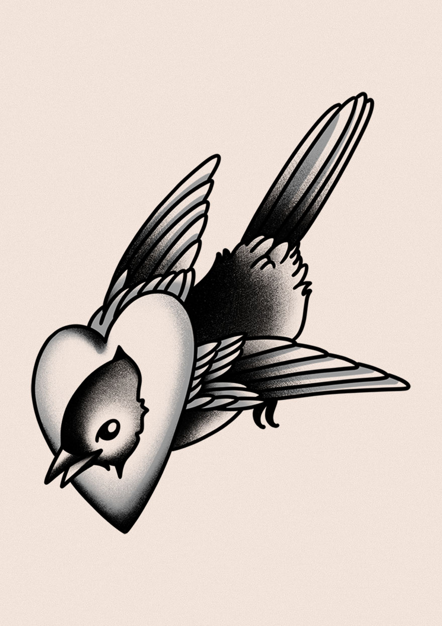 Tattoo design with a bird flying through a heart