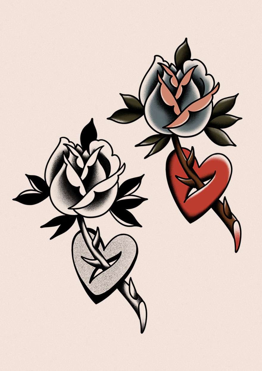 Two versions of a traditional tattoo design with a rose and heart