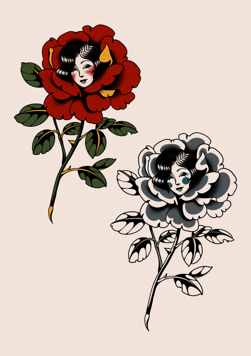 A colorful and black version of a tattoo design with a flower and a face