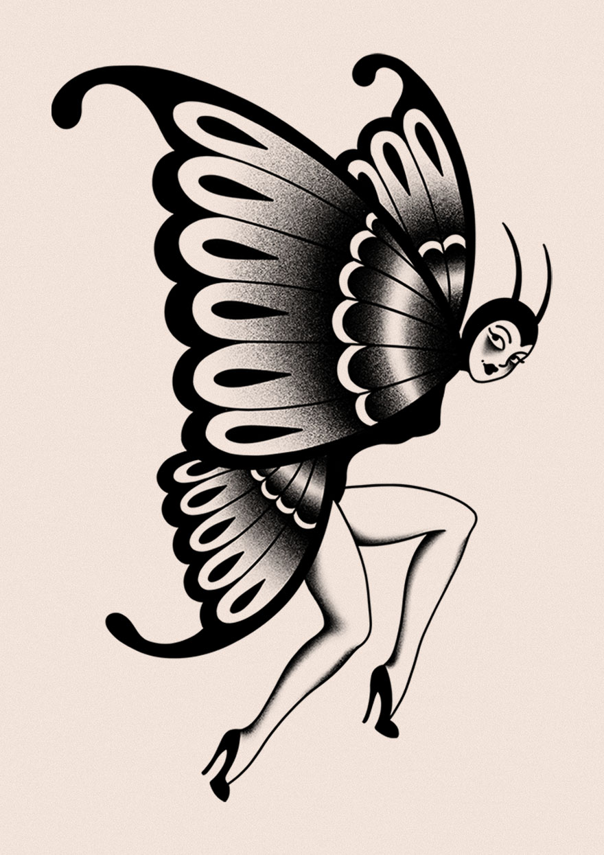 Tattoo design of a lady with butterfly wings