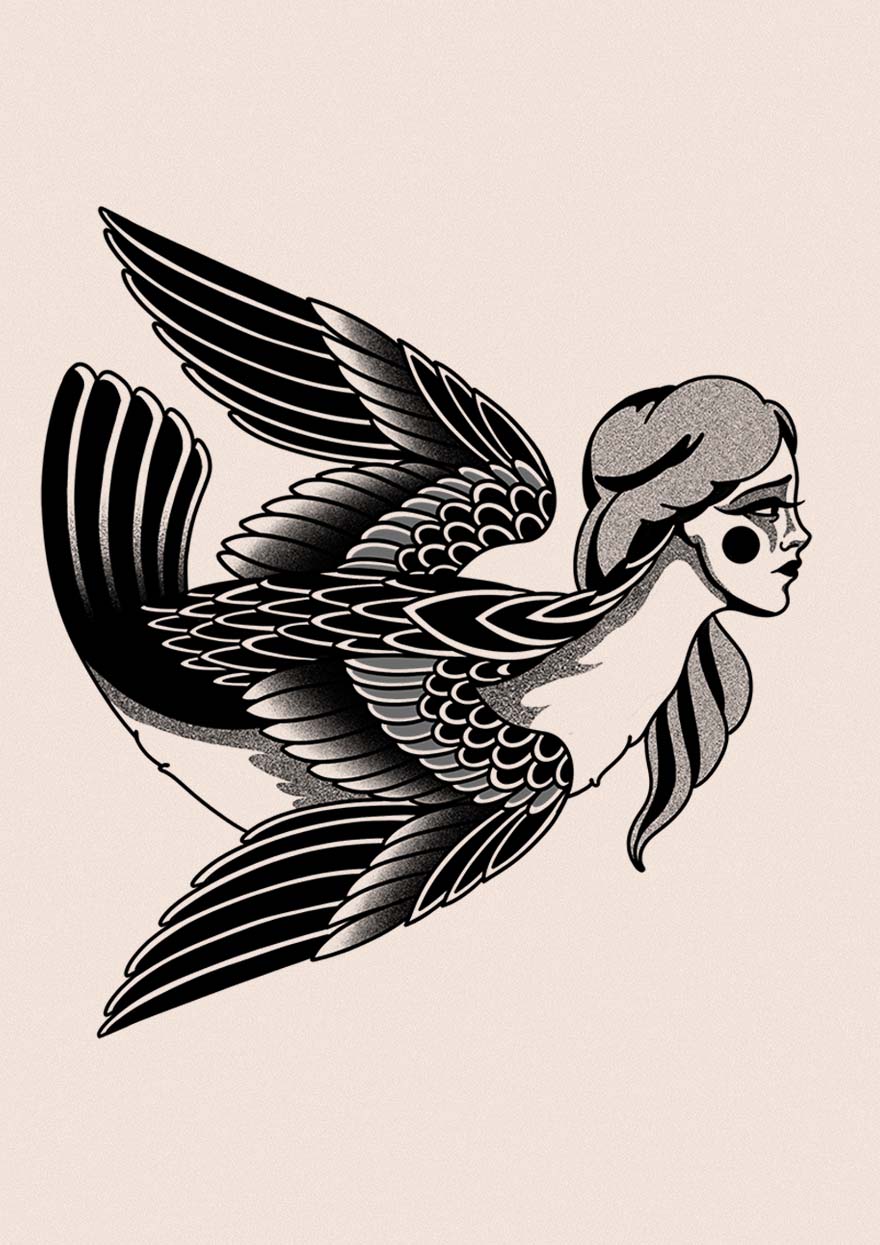 Detailed tattoo design of a harpie bird