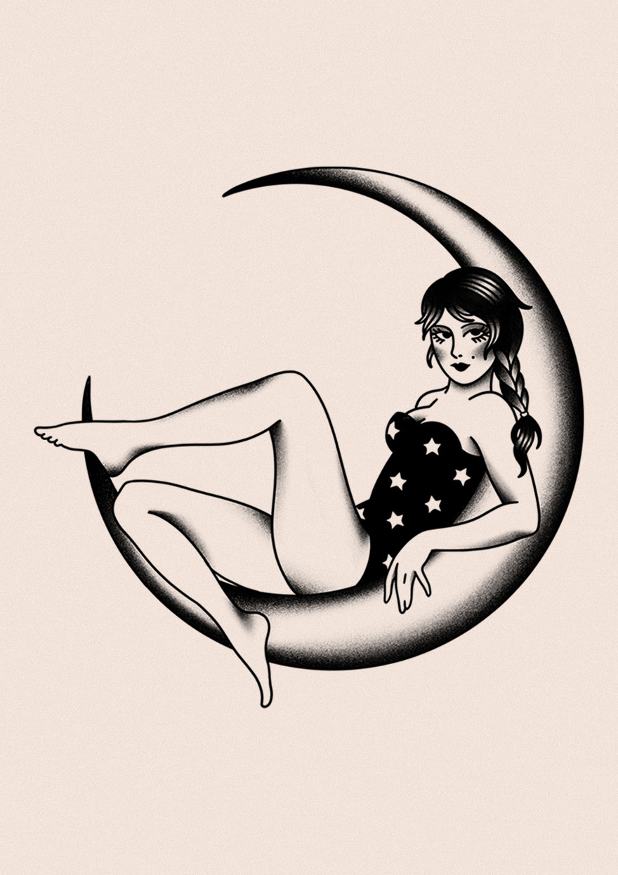 A tattoo design with a lady sitting on a crescent moon