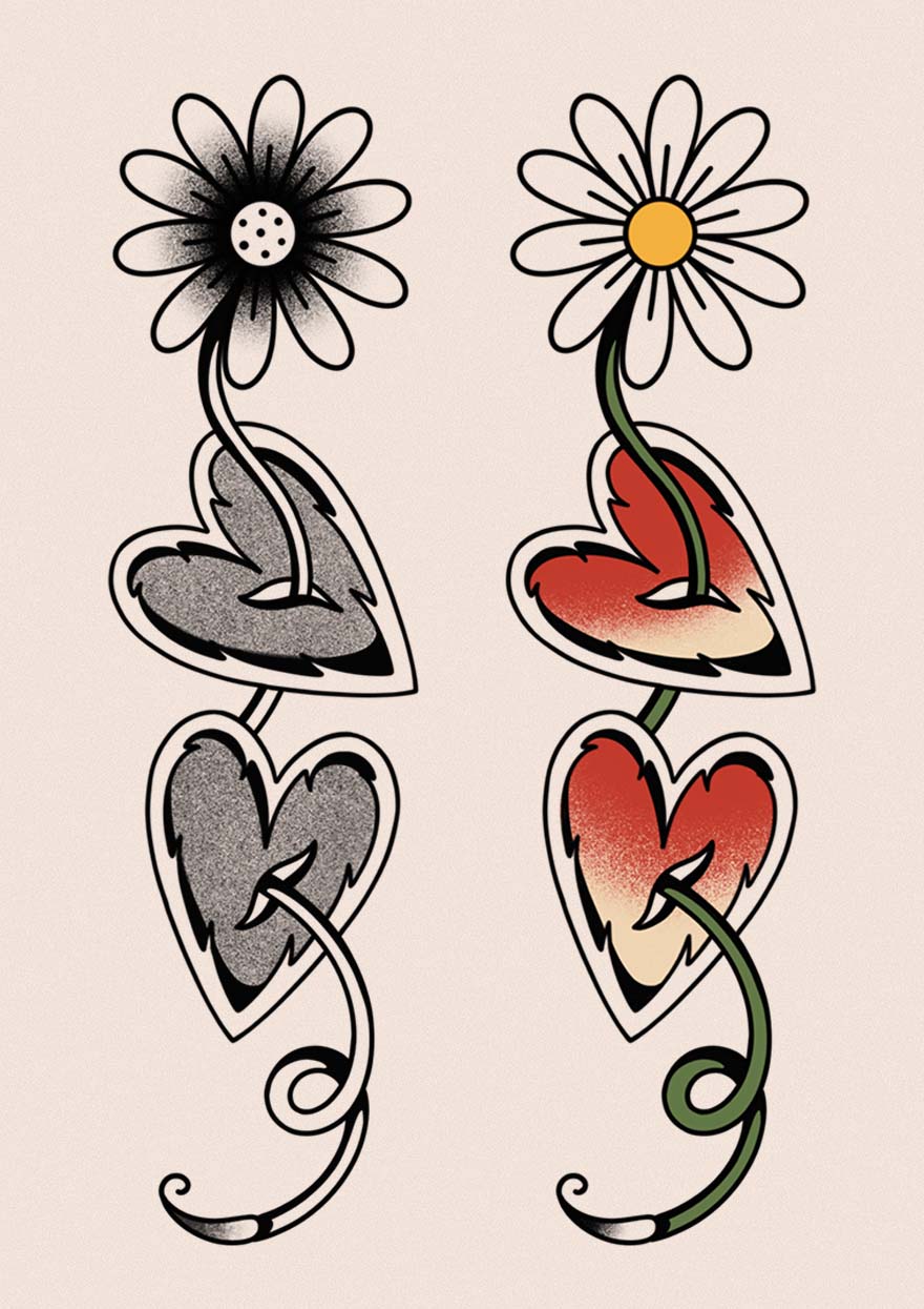 Two versions of a tattoo design with daffodils and hearts