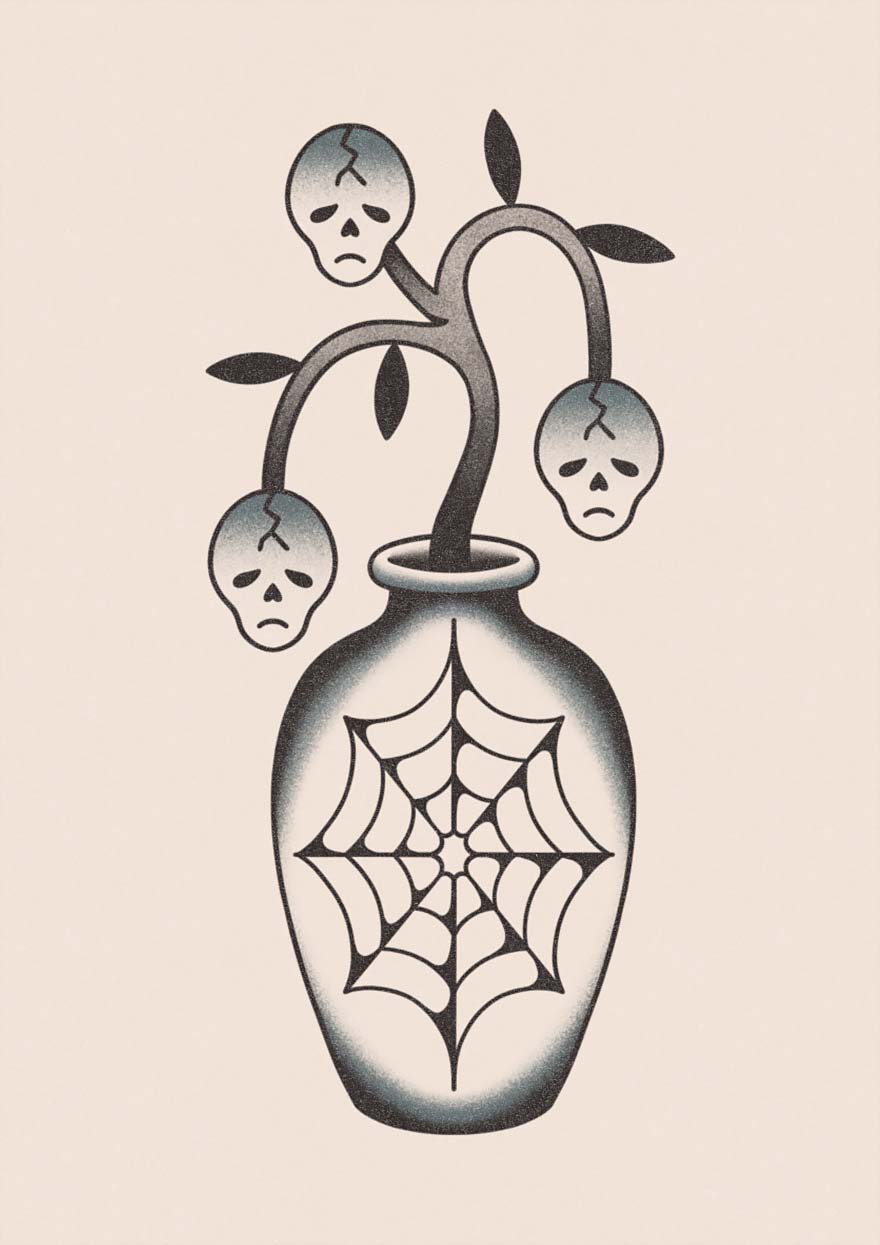 Tattoo design of a botanical skull vase