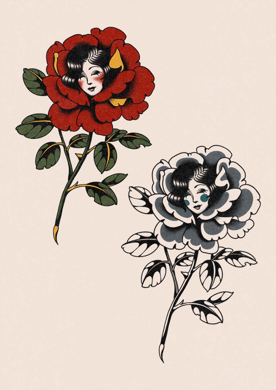 Black and colour version of a flower tattoo design