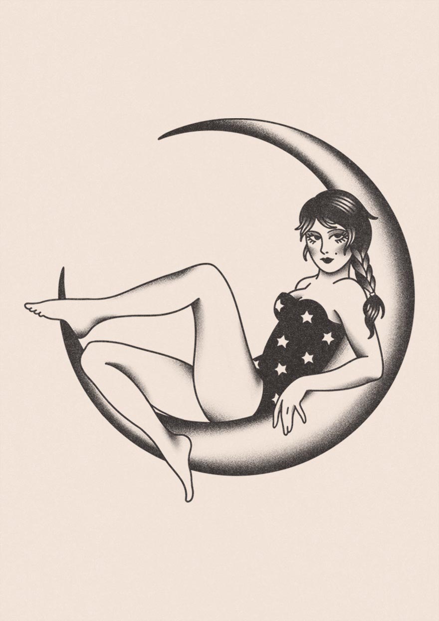 Tattoo design of a woman sitting on the moon