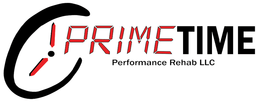 PrimeTime Performance Rehab LLC logo featuring a stylized clock with red and black digital-style text.
