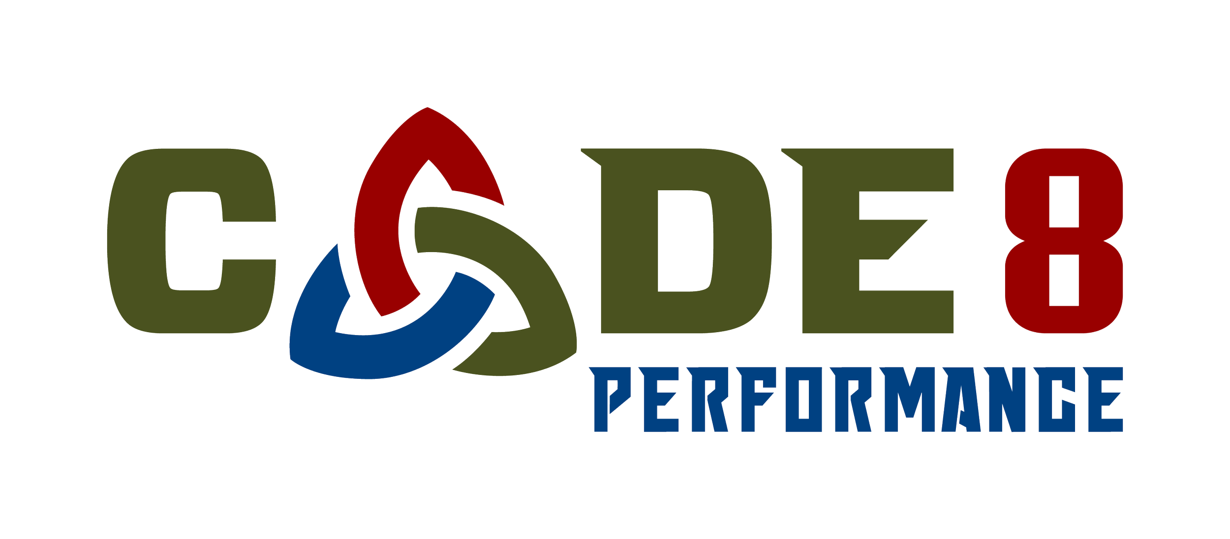 Logo featuring the text 'CODE 8' with stylized overlapping elements and the word 'PERFORMANCE' below.