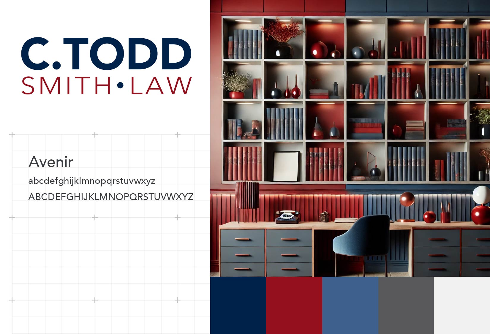 C. Todd Smith's brand focuses on approachability by using his name to foster a personal connection. Avenir was chosen for its timeless professionalism. The color scheme is inspired by a navy suit and red tie which conveys authority.