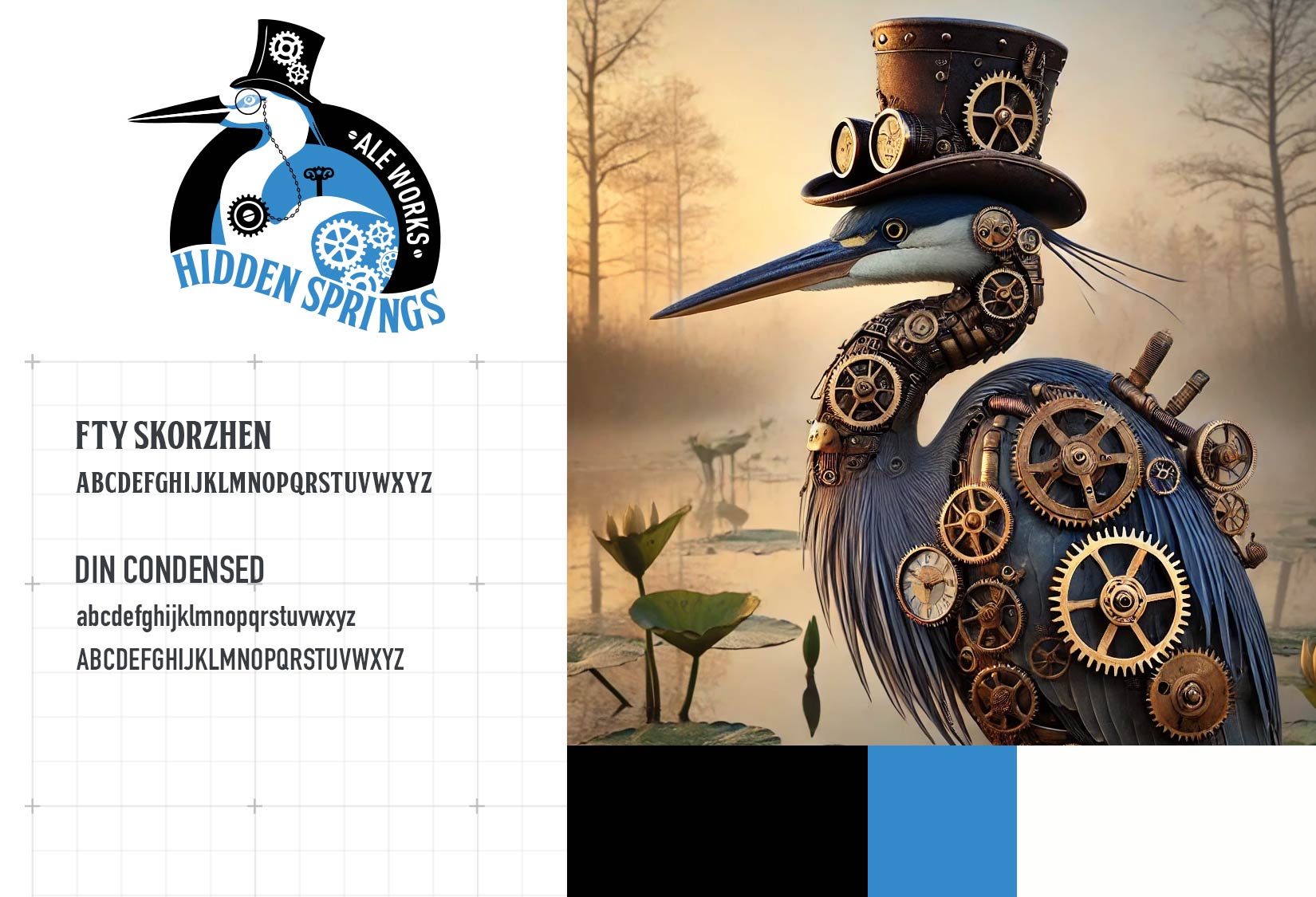 Florida is home to several hidden springs and the blue heron frequents these springs. I used the blue from the springs and the heron for the brand. Since they had Ale Works in their name, this inspired the Steampunk elements.