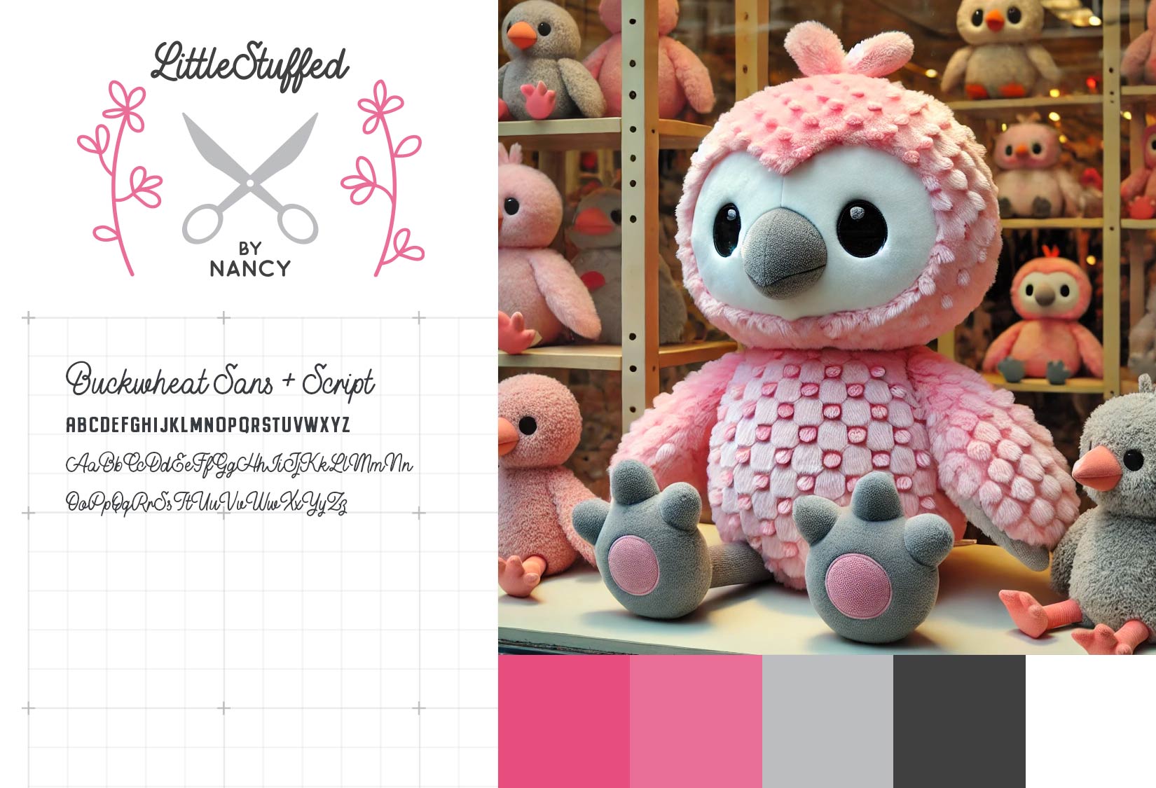 Nancy creates handcrafted stuffed toys. The logo reflects the brand's creativity, with scissors symbolizing craftsmanship and hand-drawn flowers resembling thread, representing attention to detail and artistry.