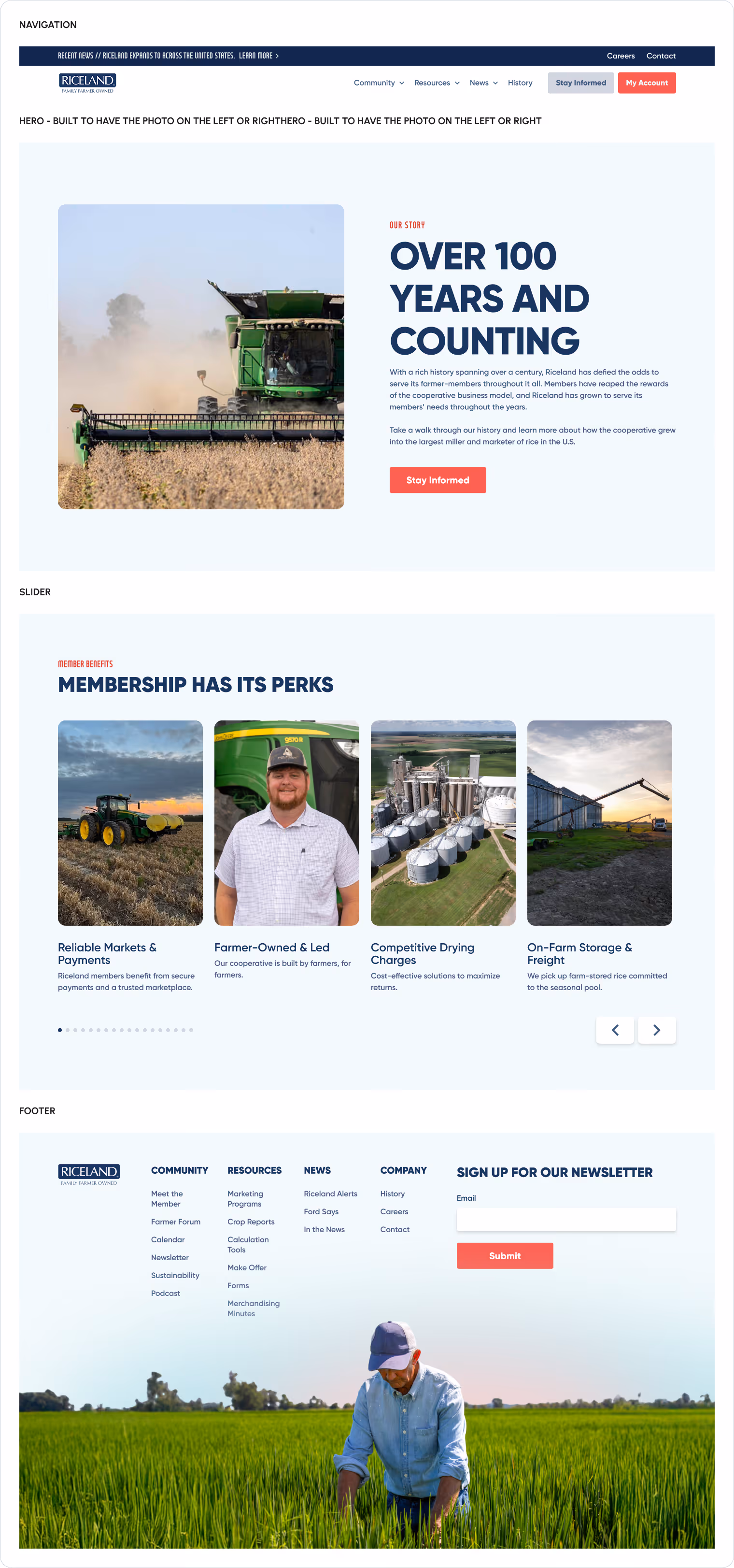 A Figma snapshot of some of the section components built throughout the website.