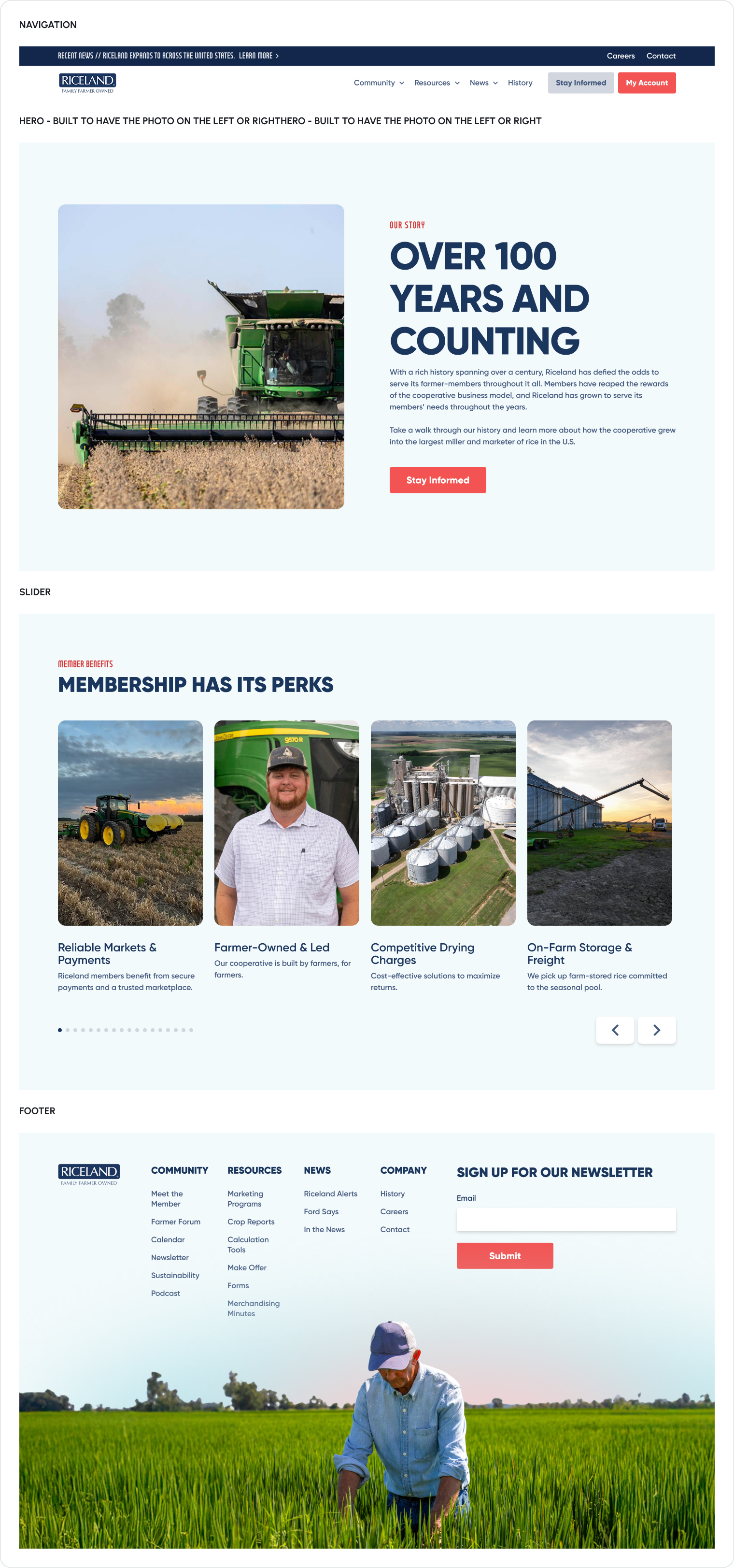 A Figma snapshot of some of the section components built throughout the website. 