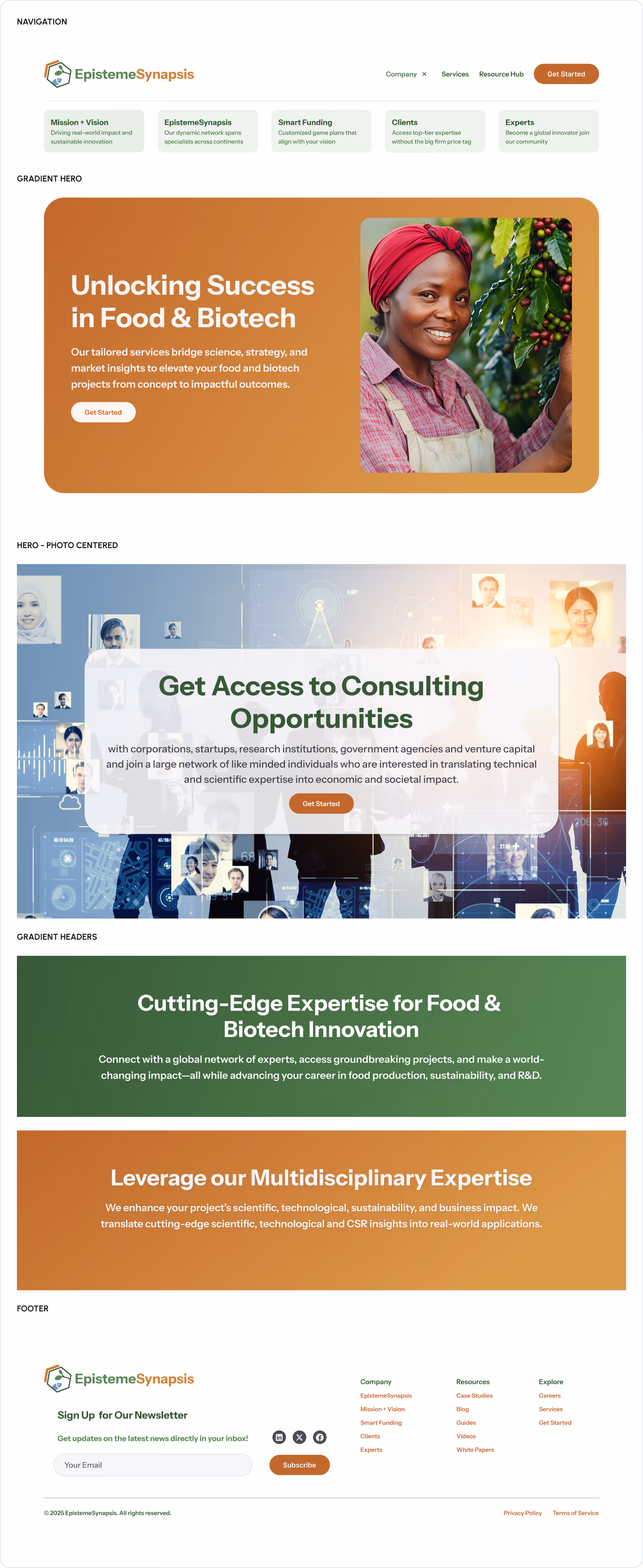 A Figma snapshot of some of the section components built throughout the website. 