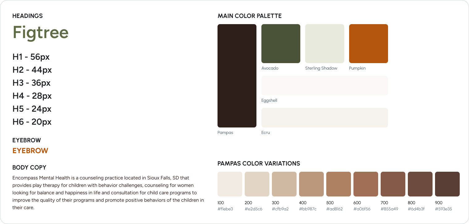 Figma snapshot of headings, body copy and colors.