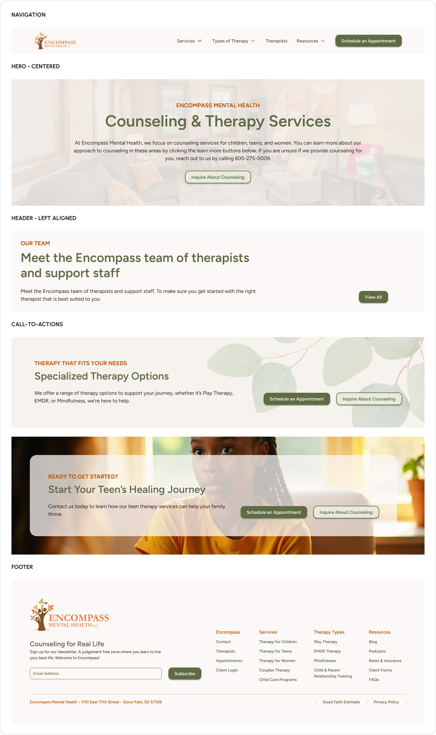 A Figma snapshot of some of the section components built throughout the website.