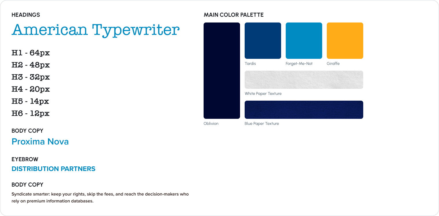 Figma snapshot of headings, body copy and colors.