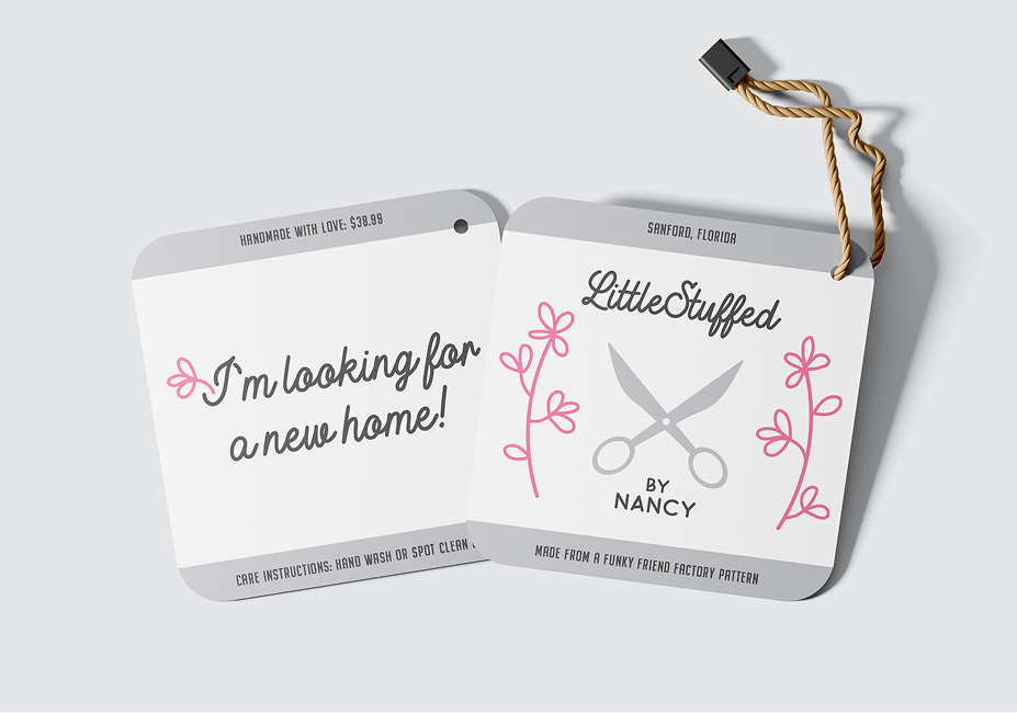 Custom-drawn floral elements mimic thread work, while a scissor motif nods to the craft itself, creating a whimsical yet sophisticated identity for the maker of handcrafted stuffed animals sold in a downtown Sanford boutique.