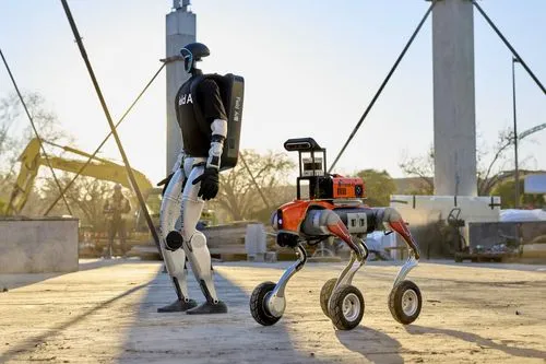 A variety of Field AI robots in the company parking lot