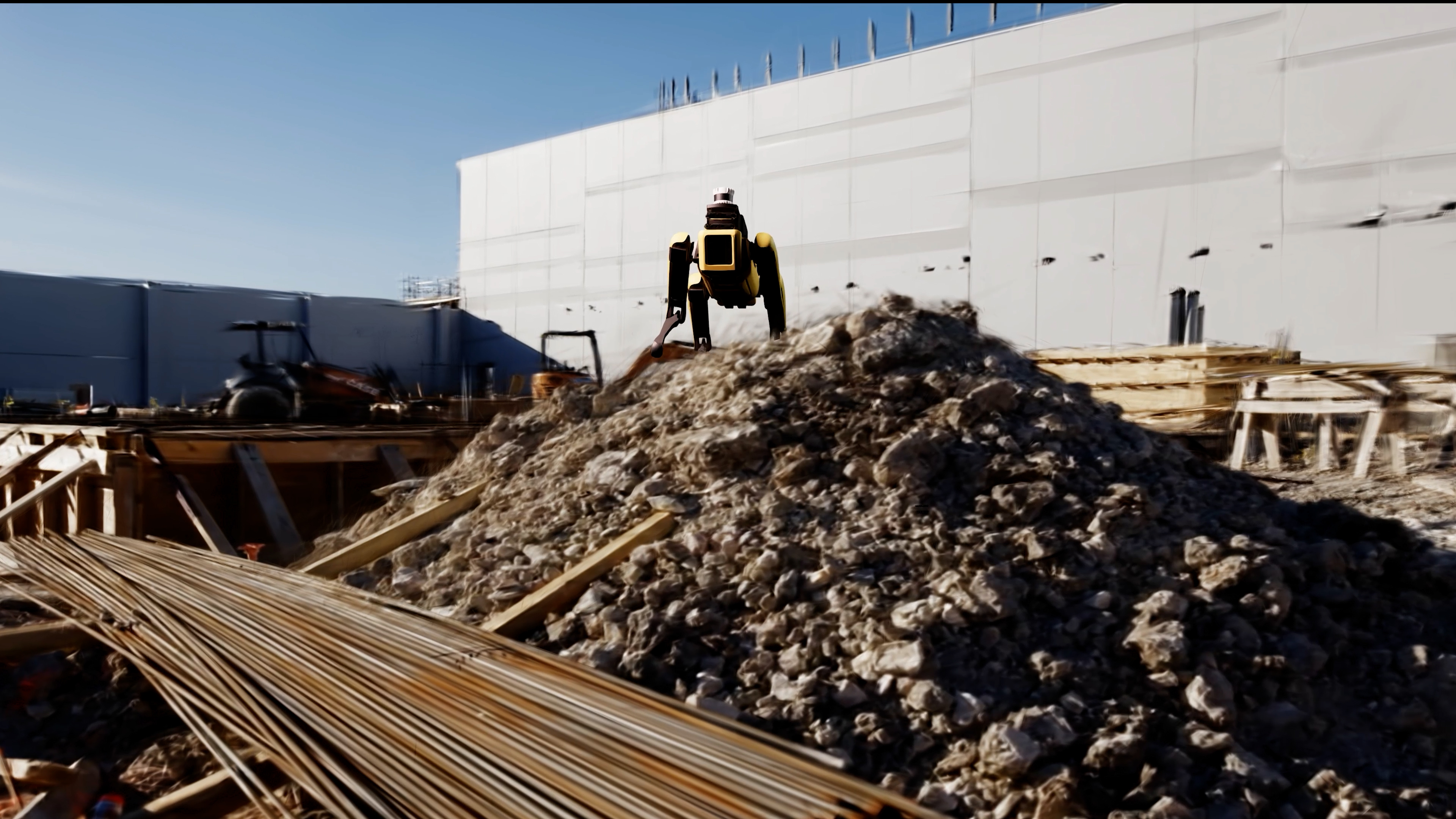 From active industrial site to simulation-ready digital twin. A humanoid robot navigates a high-fidelity 3D reconstruction built from real-world data captured during routine activity.