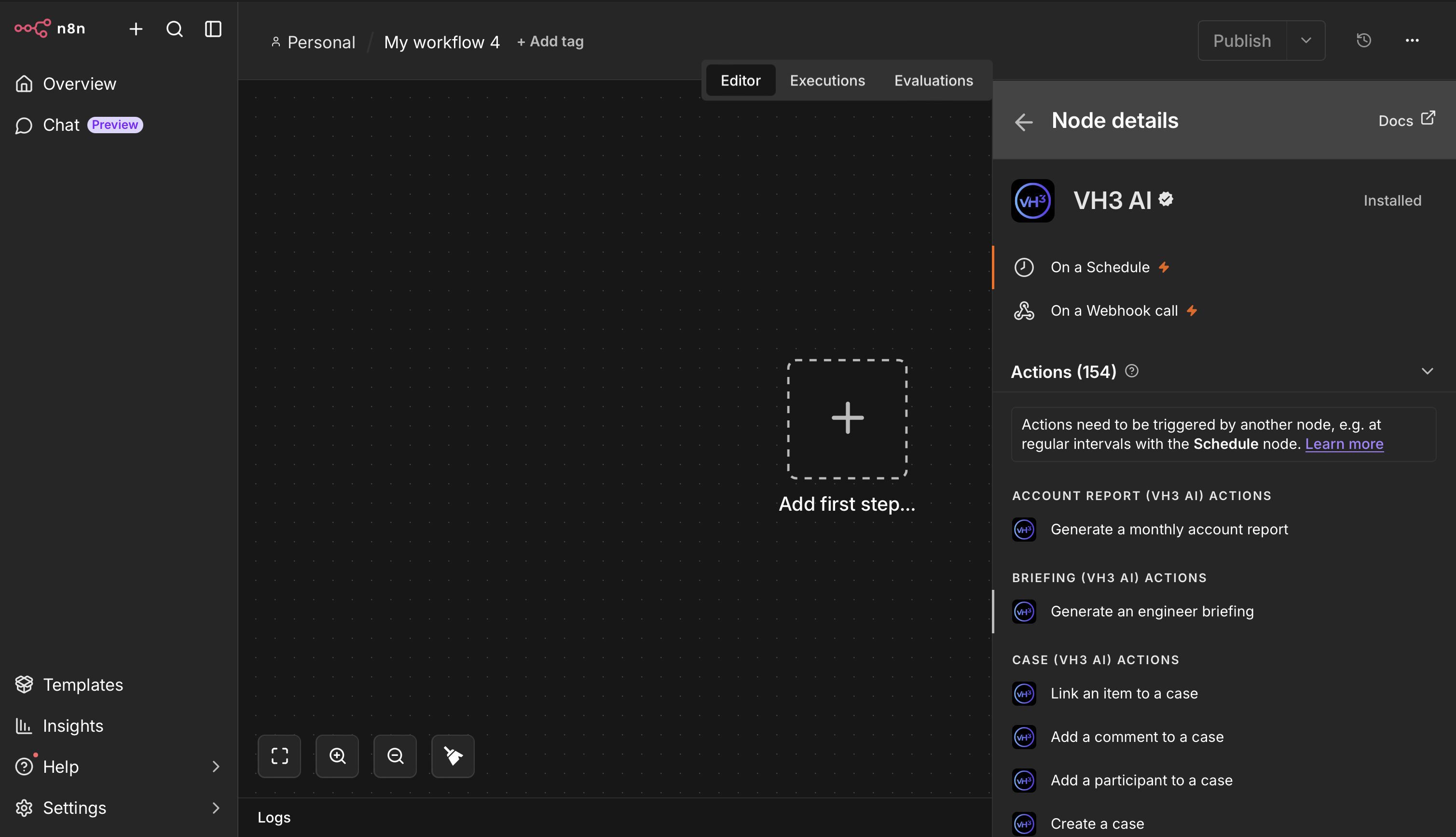 n8n node details panel showing the installed VH3 AI community node with action categories such as Account Report, Briefing, and Case