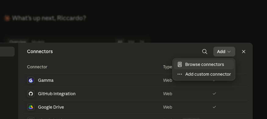 Claude Code connectors panel with the Add dropdown open showing Browse connectors option