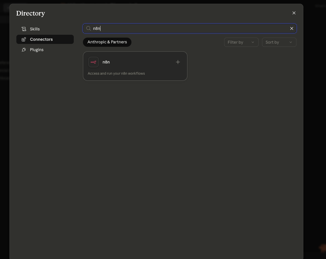 Claude.ai connector directory search showing the n8n connector result