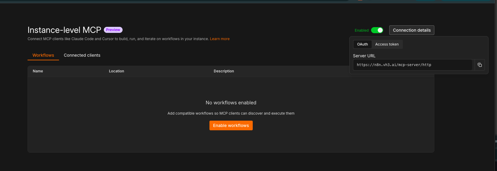 n8n Instance-level MCP settings page showing the toggle enabled and Server URL https://n8n.vh3.ai/mcp-server/http