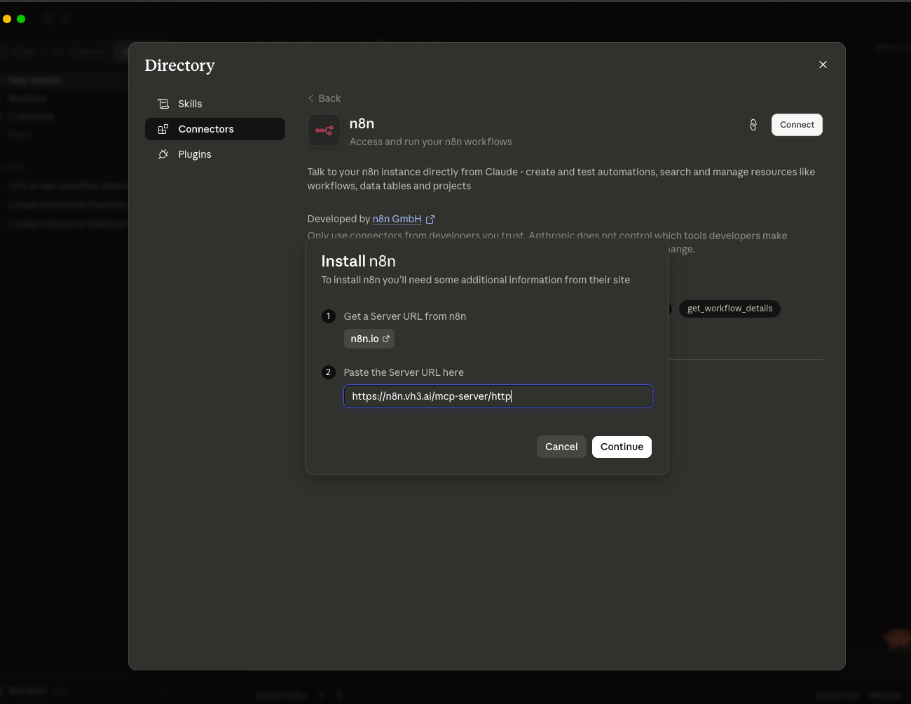 OAuth permission screen showing Claude wants access to your n8n instance with a list of permitted actions