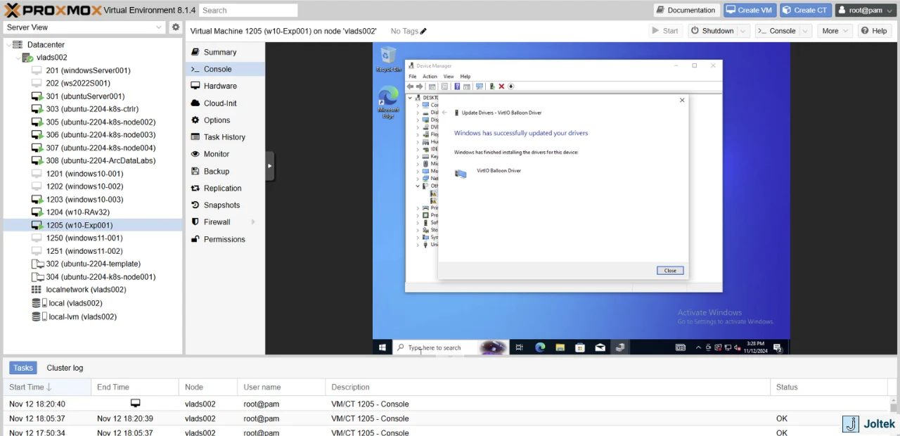 Figure 5 - Installing a Windows VM on a DELL PowerEdge R730xd with Proxmox | Confirmation on Updated Windows Drivers