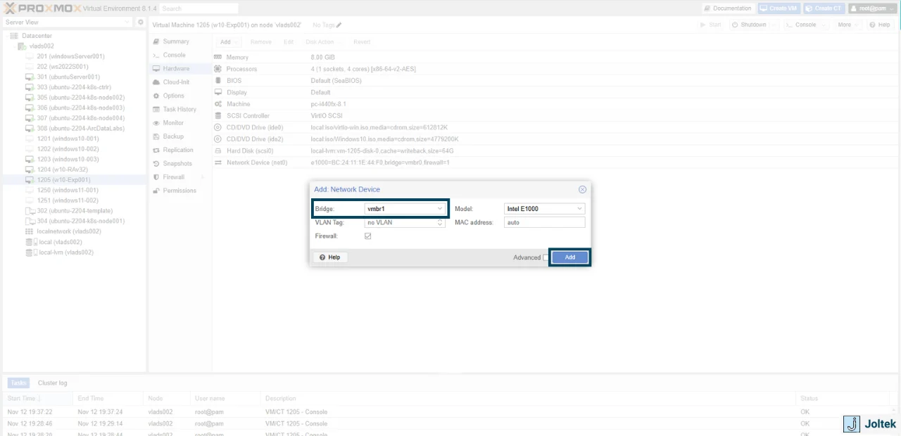 Figure 17 - Installing a Windows VM on a DELL PowerEdge R730xd with Proxmox | Adding Network Adapter on Proxmox