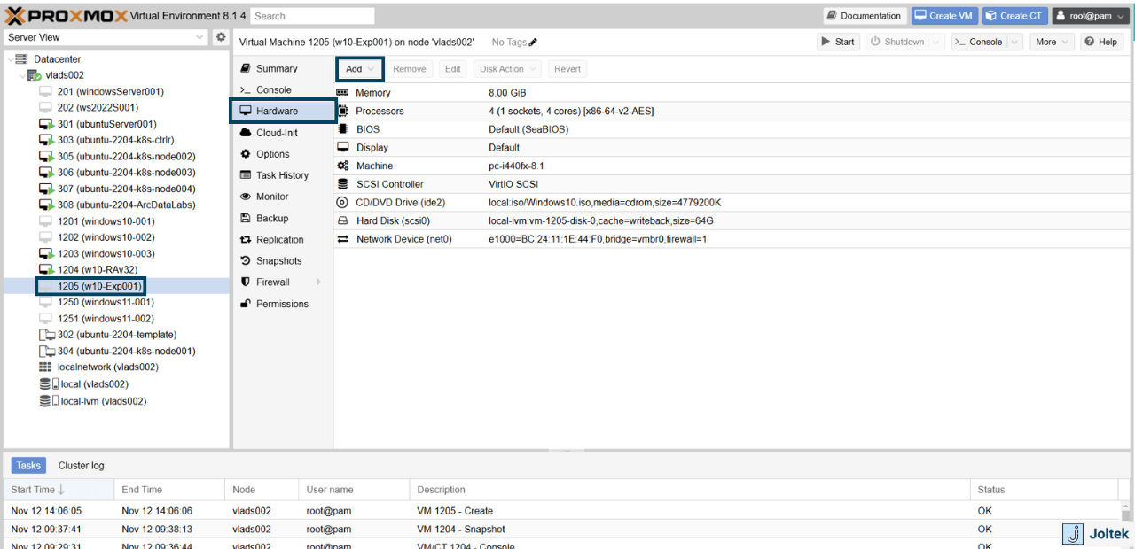 Figure 16 - Installing a Windows VM on a DELL PowerEdge R730xd with Proxmox | Adding Network Adapter on Proxmox