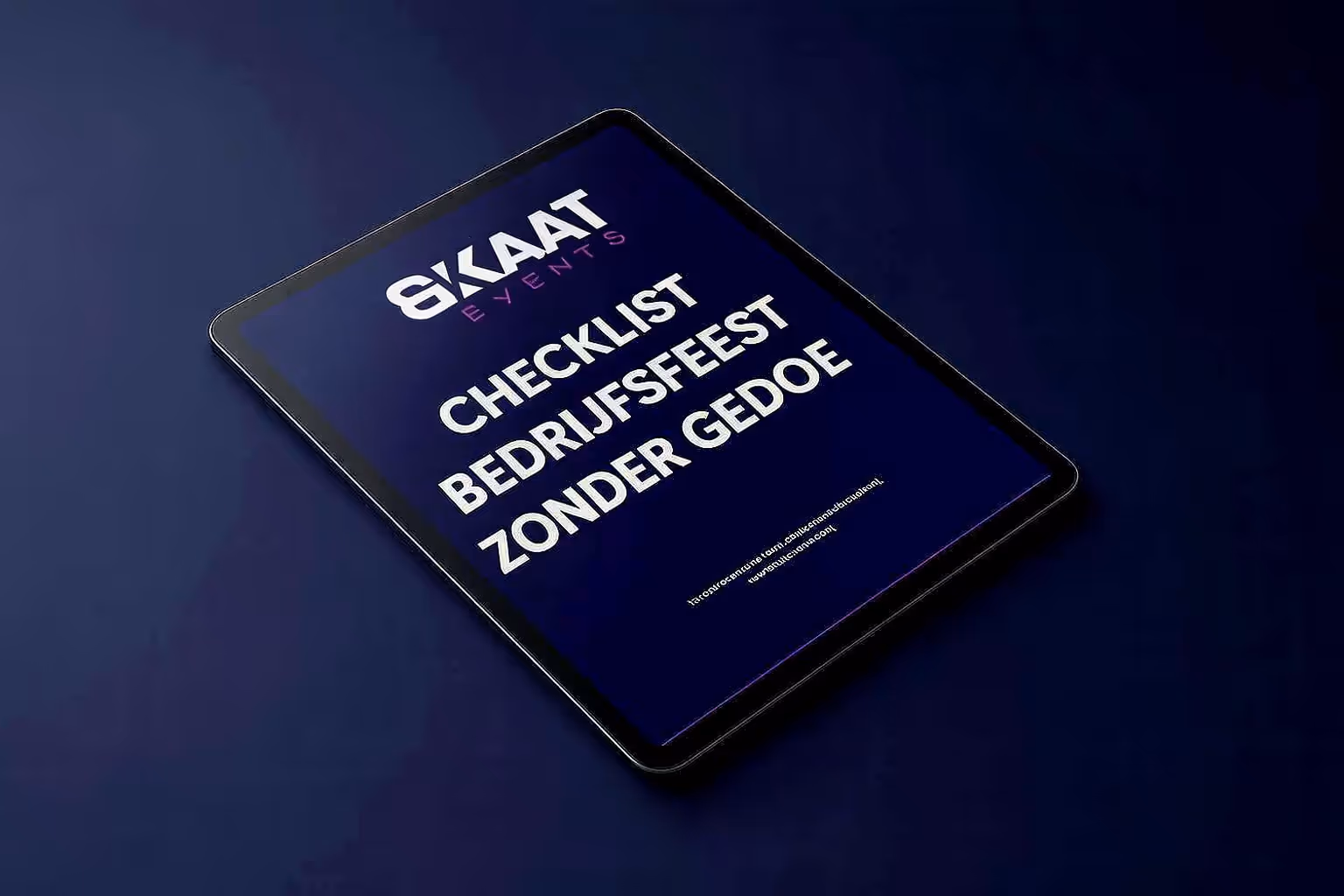 Tablet toont checklist voor bedrijfsfeest zonder gedoe van Enkaat Events op een donkerblauwe achtergrond.