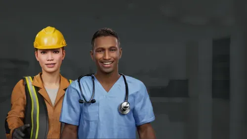 Smiling construction worker in yellow helmet and reflective vest standing next to a cheerful healthcare worker in blue scrubs with a stethoscope.