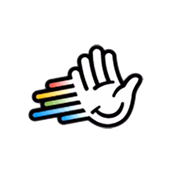 Hey Reach alternative logo featuring a playful hand design with bold stripes on a gradient background