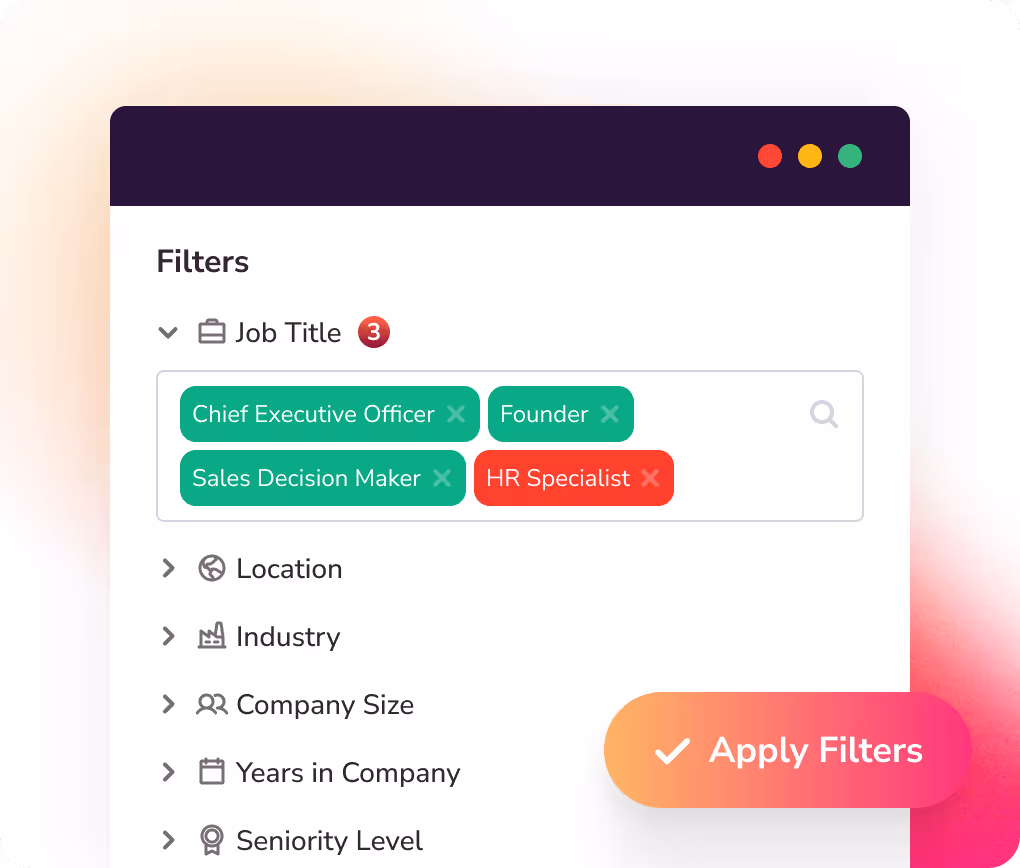 AI Lead Finder filter screen showing job title selections for CEO, Founder, and Sales Decision Maker.
