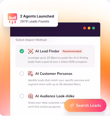 AI for sales prospecting dashboard showing SalesMind’s lead finder tool that uses generative AI to discover and qualify B2B leads across 1 billion prospects.