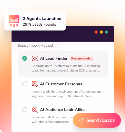 AI for sales prospecting dashboard showing SalesMind’s lead finder tool that uses generative AI to discover and qualify B2B leads across 1 billion prospects.