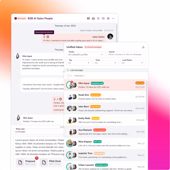 AI for sales prospecting inbox showing real-time lead conversations, statuses, and automated messaging powered by SalesMind AI’s intelligent sales platform.
