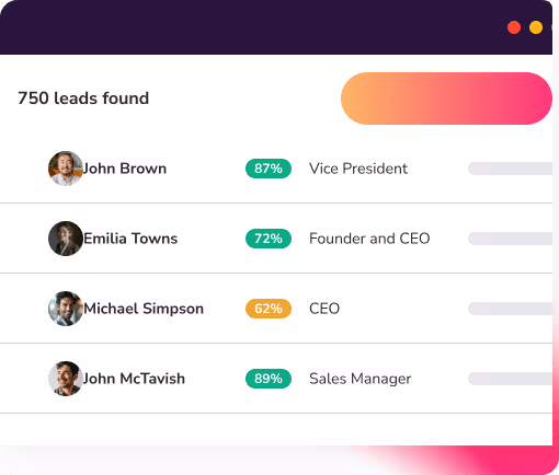 SalesMind AI Lead Finder displaying 750 results with job titles and match percentage scores.