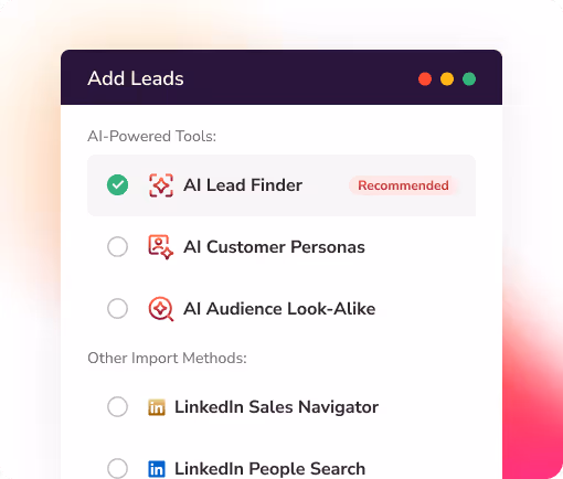 SalesMind AI Add Leads interface showing options: AI Lead Finder, Customer Personas, and LinkedIn Sales Navigator.