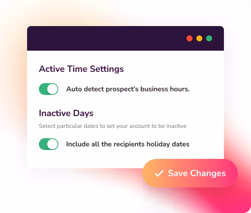 SalesMind AI Active Time Settings showing toggles for prospect business hours and recipient holiday dates.
