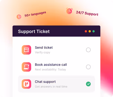 SalesMind AI support interface showing options to send tickets, book calls, or chat, highlighting 24/7 support in 50+ languages
