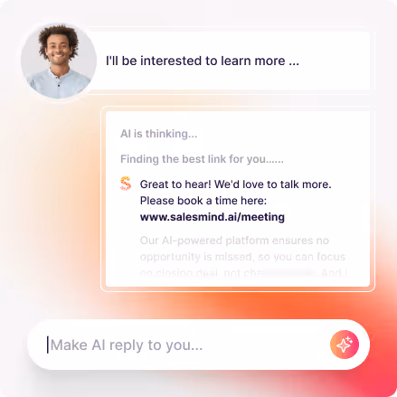SalesMind AI chat interface drafting an automated reply containing a meeting link in response to a prospect