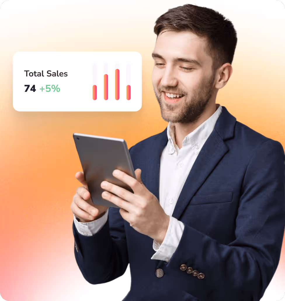 Sales professional viewing performance metrics on a tablet showing a 5% increase in total sales