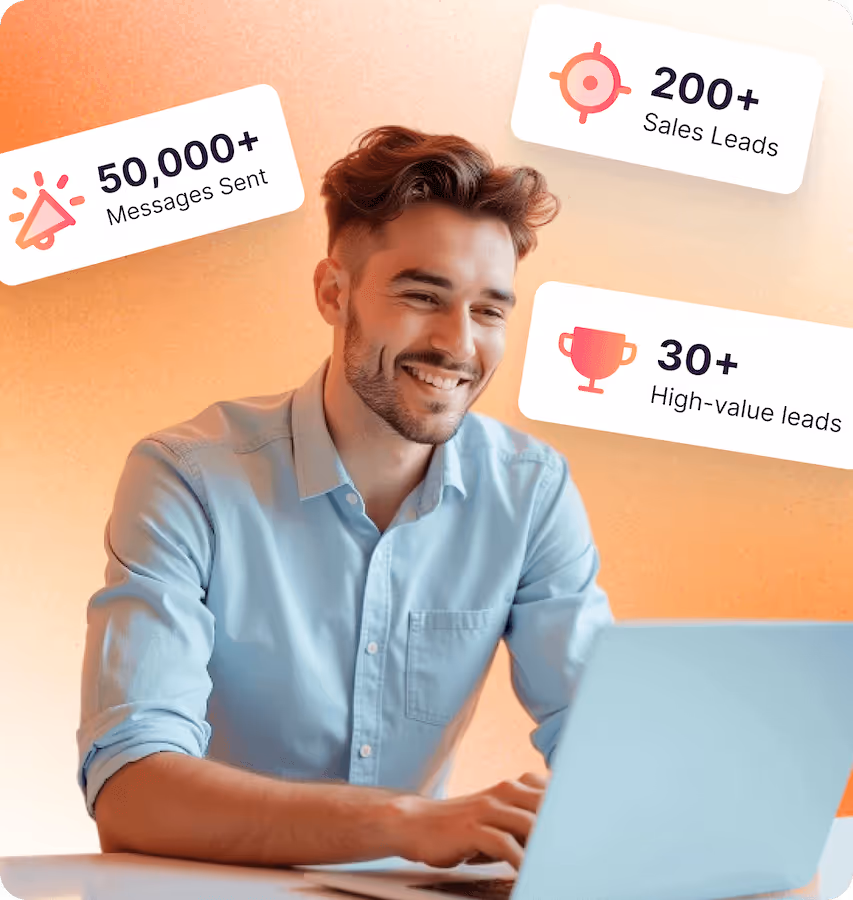 A smiling sales professional effortlessly managing lead generation on his laptop, achieving impressive results with "50,000+ Messages Sent," "200+ Sales Leads," and "30+ High-value leads," demonstrating the benefits of an exclusive partnership with SalesMind AI.
