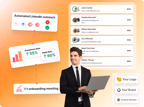 Man holding laptop displaying SalesMind AI features like psychological profiling, strategic recommendations, and data aggregation.