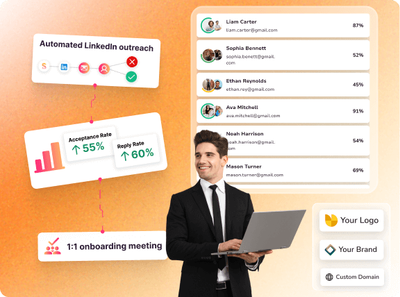 Man holding laptop displaying SalesMind AI features like psychological profiling, strategic recommendations, and data aggregation.